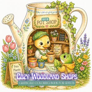 Cozy Woodland Shops – Printable Coloring Pages for Adults (Digital PDF)